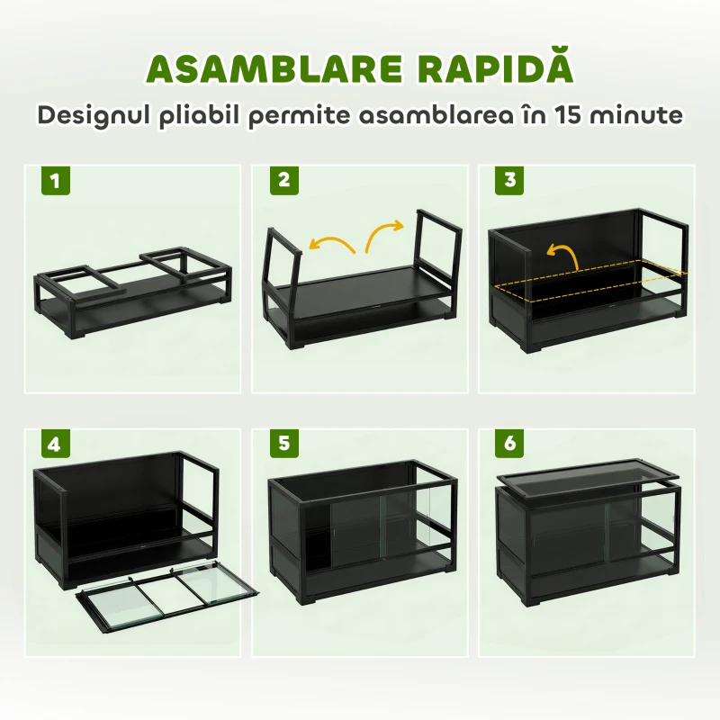 PawHut Terariu Ridicat și Pliabil cu Capac și Pereți din Sticlă Securizată și Plastic, 60x45x32 cm, Negru