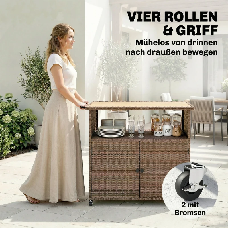Outsunny Servierwagen Rattan Küchenwagen mit FSC Eukalyptusholz-Arbeitsplatte Ablagefach Rollen Seitengriff 95 x 54 x 84 cm