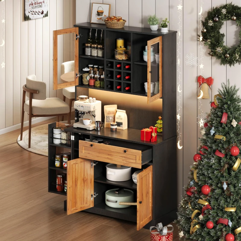 Küchen-Hochschrank mit Vitrine, fünf Türen, Schublade, verstellbare Einlegeböden, 105 x 40 x 180 cm, Naturfarbe