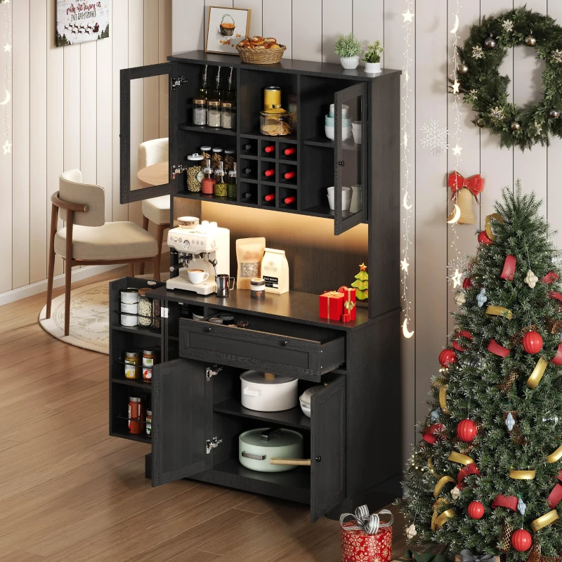 Küchen-Hochschrank mit Vitrine, fünf Türen, eine Schublade, verstellbaren Einlegeböden, 105x40x180 cm, Schwarz