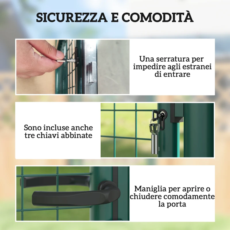 Outsunny Cancello da Giardino in Acciaio 97x200 cm, Cancelletto da Giardino con Serratura, 3 Chiavi, Maniglia e 2 Pali