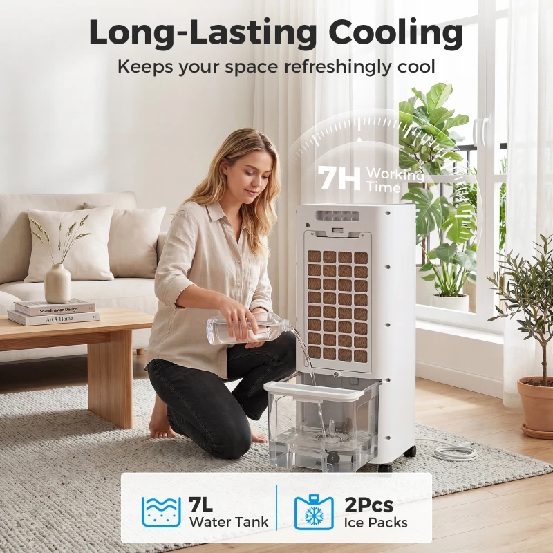 HOMCOM Portable Air Cooler, 3-In-1 Evaporative Air Cooler with 7 Litre Water Tank, 48° Oscillation, White