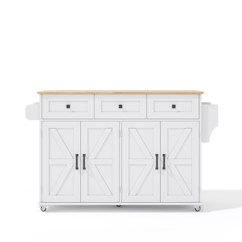 Kücheninsel mit klappbarer Arbeitsplatte, 4 Türen, 3 Schubladen, doppelseitigen Handtuchhaltern, Scheunenstil-Design, 140 x 43/70 x 90,5 cm, Weiß+Naturfarbe