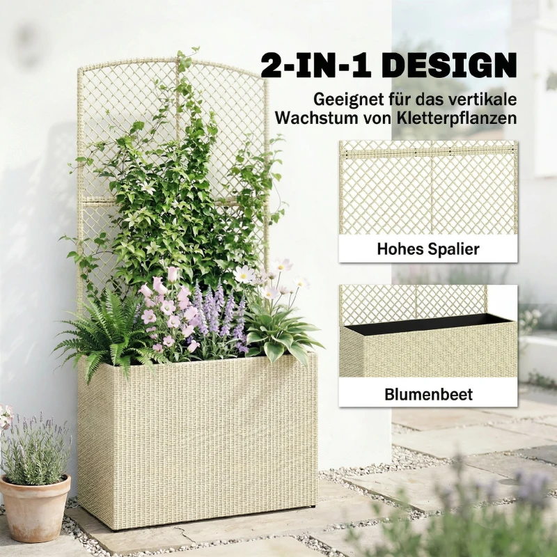 Outsunny Hochbeet mit Rankgitter in Rattan-Optik Pflanzkasten für Kletterpflanzen für Garten, Balkon, 80 x 30 x 163 cm, Beige
