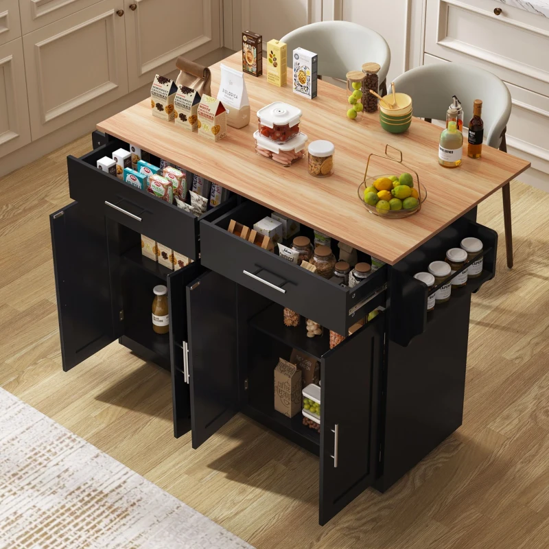 Servierwagen mit klappbarer Tischplatte, 2 Schubladen und Doppeltüren, 136 x 46/71 x 91,5 cm, Schwarz+Naturfarbe