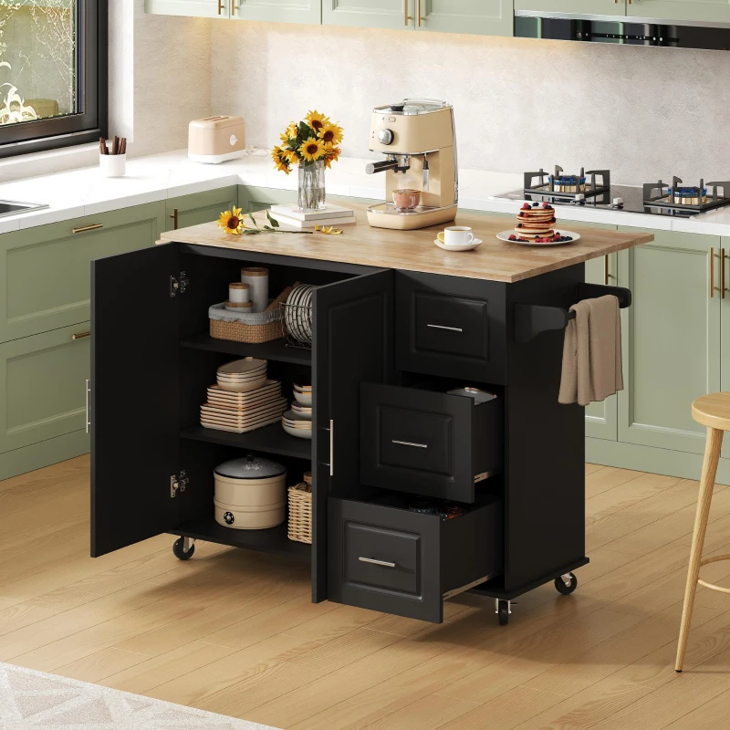 Große mobile Kücheninsel, klappbares Design, multifunktionaler Schrank mit 3 Schubladen, Handtuchhalter, 137 x 43/76 x 92 cm, Schwarz
