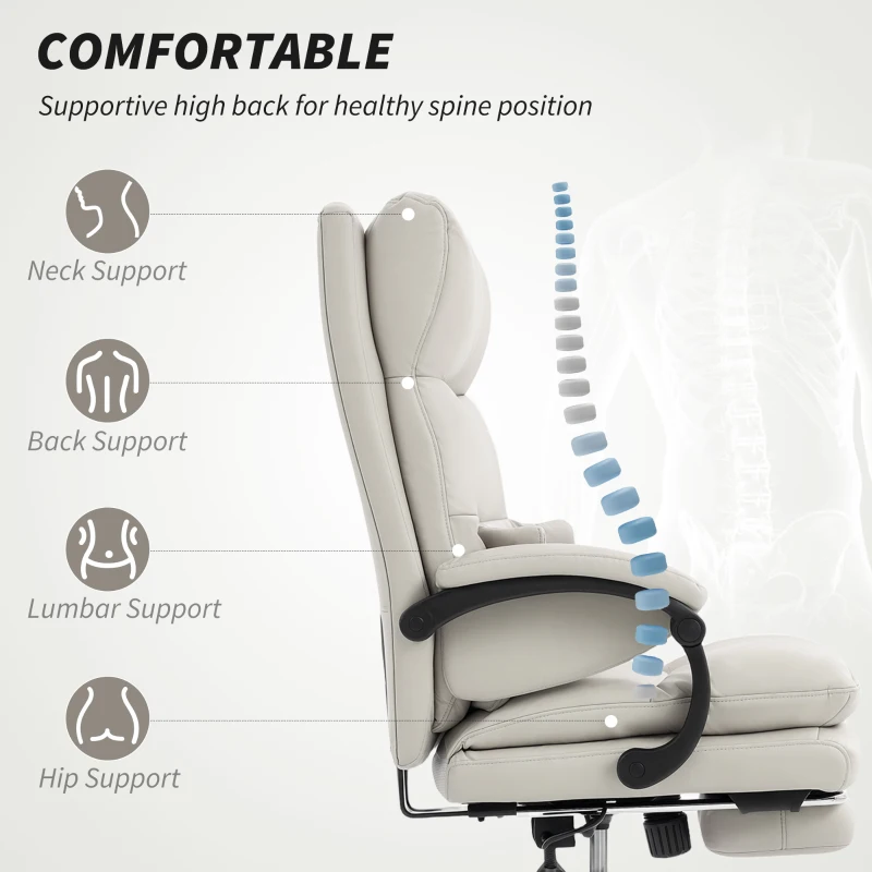 HOMCOM Fotel Biurowy Regulowany z Podparciem Lędźwi, Podłokietnikami, Podnóżkiem, Obity Skórą Ekologiczną, Jasnoszary