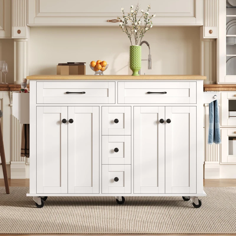 Multifunktionaler Küchenwagen mit ausklappbarer Arbeitsplatte, 140x40/65x89 cm, Weiß+Naturfarbe