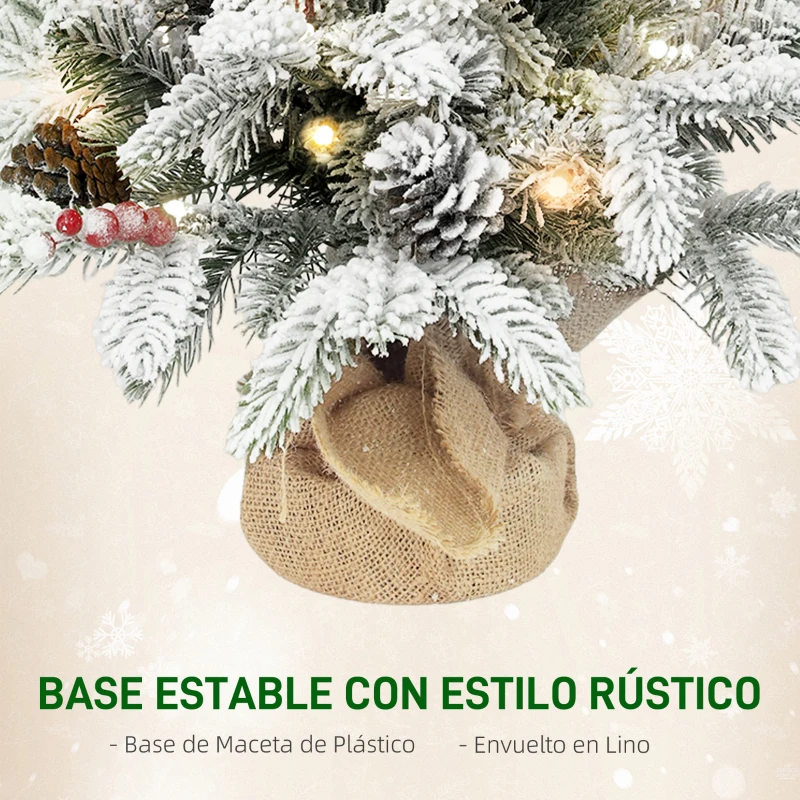 HOMCOM Mini Árbol de Navidad Artificial 60 cm con 35 Luces LED 182 Ramas Densas con Nieve Adornos y Base de Arpillera Verde