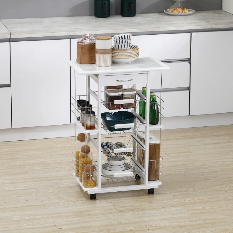 HOMCOM Multi-storage kitchen service cart on casters 4 metal baskets drawer + 4 bottle racks pine wood white tiled top