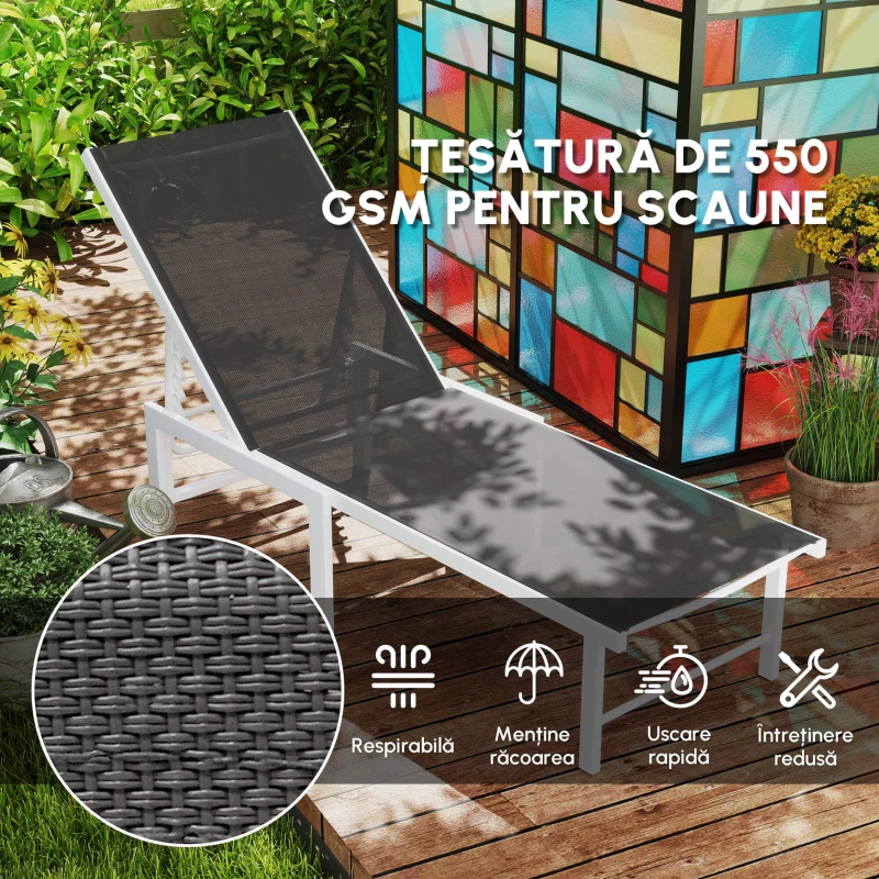 Outsunny Șezlong cu spătar reglabil pe 5 niveluri, din oțel și textilen, 60x166x84 cm, alb și gri