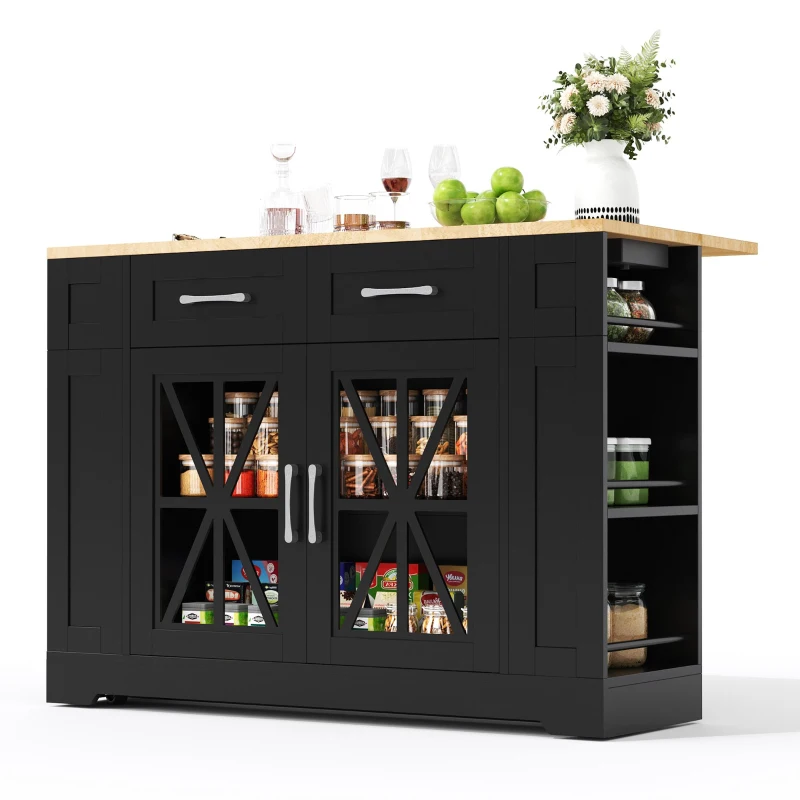 Kücheninsel mit klappbarem Esstisch, erweiterbare Arbeitsfläche, 120 x 40/65 x 92 cm, Schwarz+Naturfarbe