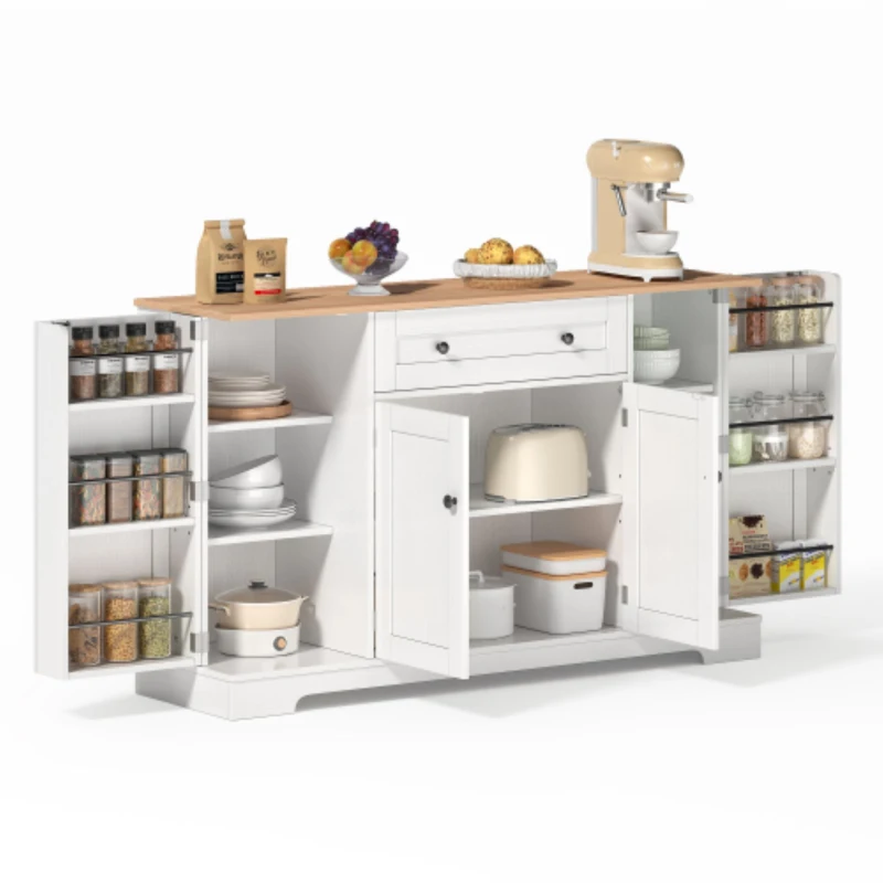 Multifunktionales Küchenbuffet, mit Schublade und Regaltüren, Modernes Design, 138 x 40 x 85 cm, Weiß+Naturfarbe