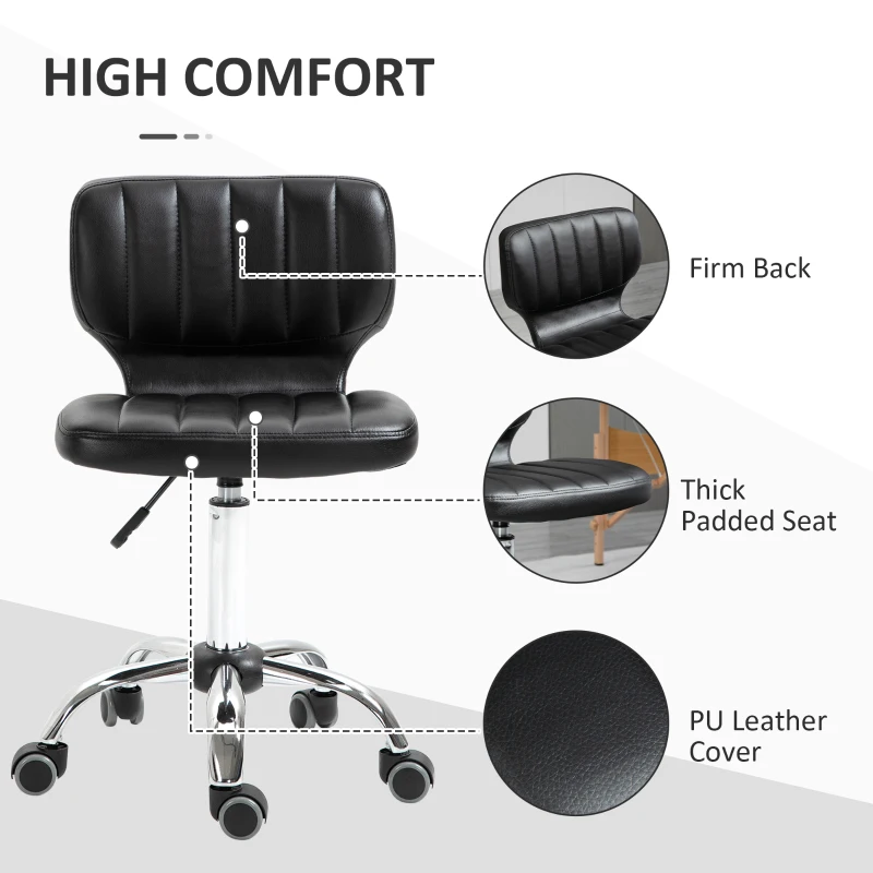 HOMCOM Rolling stool - 360° swivel work stool - ergonomic stool - adjustable seat height 47-62 cm - quilted PU upholstery black chrome metal