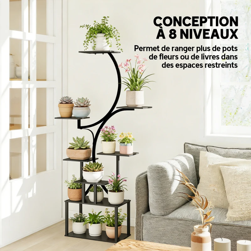 Outsunny Étagère à fleurs en métal à 8 niveaux, étagère à plantes en forme de S 158,5 cm, intérieur et extérieur, noir