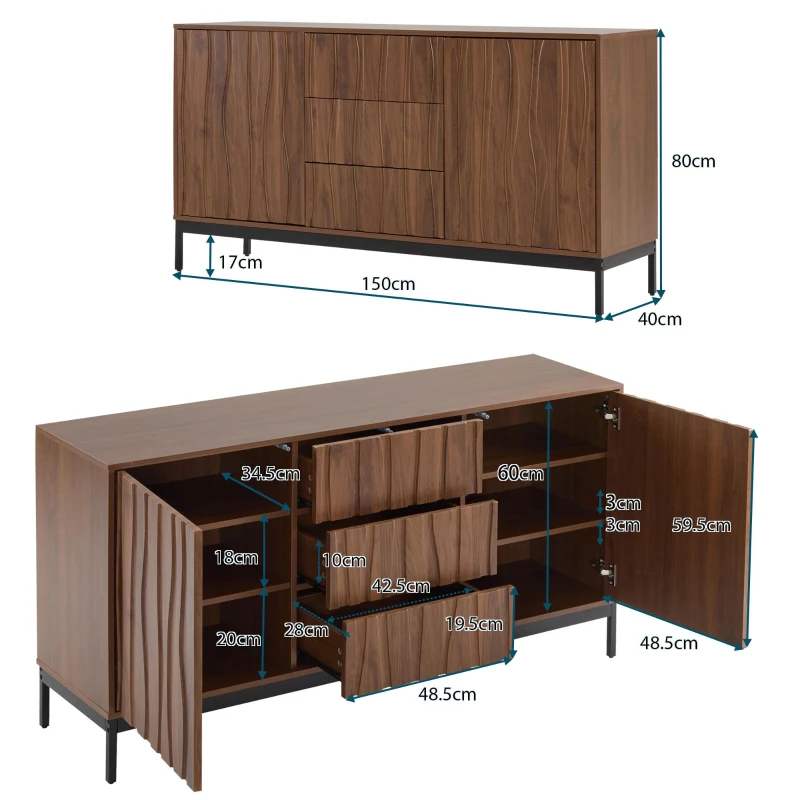 Sideboard mit 3 Schubladen, Mid Century Modern Dekorativer Schrank für Küche, Wohnzimmer, 150 x 40 x 80 cm, Braun