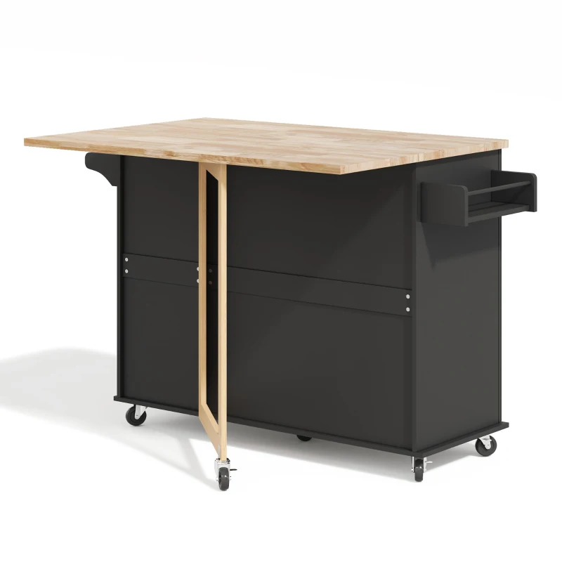 Große mobile Kücheninsel, klappbares Design, multifunktionaler Schrank mit 3 Schubladen, Handtuchhalter, 137 x 43/76 x 92 cm, Schwarz