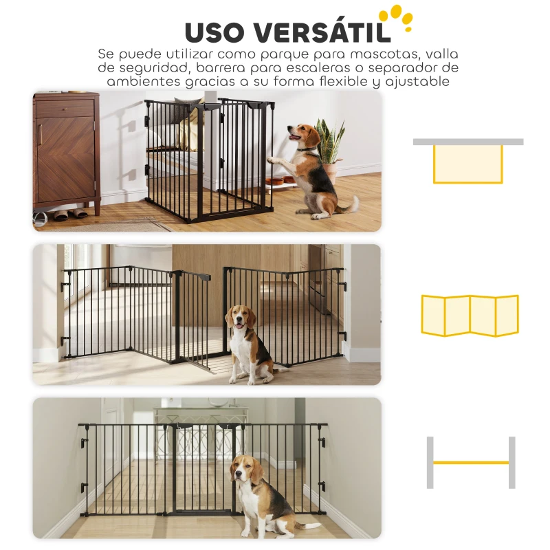PawHut Barrera de Seguridad para Mascotas de 5 Paneles Plegable 300 cm con Cierre Inteligente para Escalera Pasillo Negro