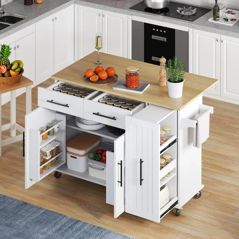 Mobile Kücheninsel mit ausklappbarer Arbeitsplatte, 3-stufigem ausziehbarem Schrank-Organizer, 120x40/65x90 cm, Weiß+Naturfarbe