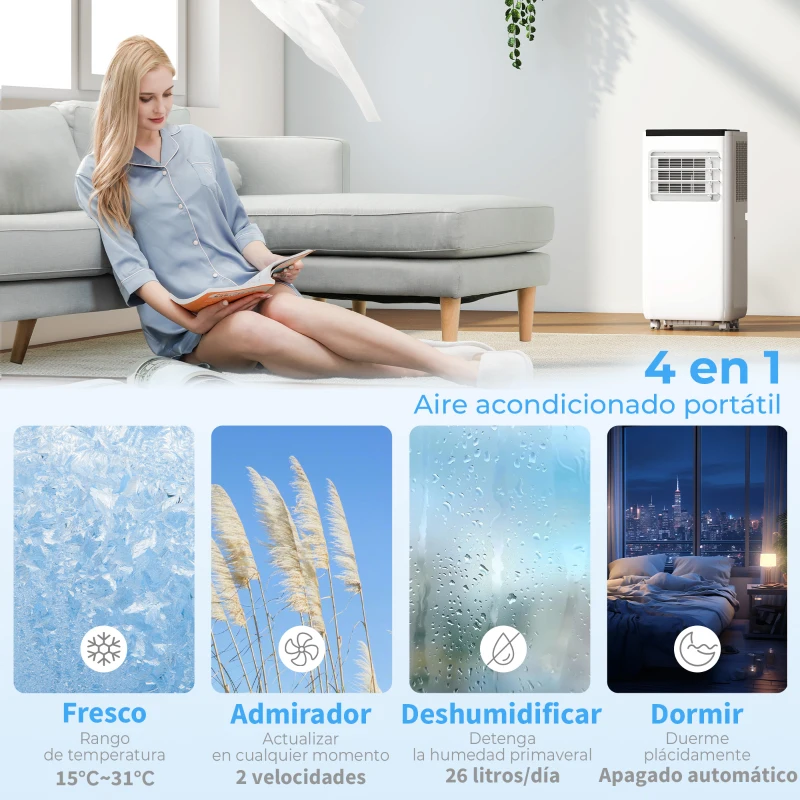 HOMCOM Aire Acondicionado Portátil 10.000 BTU 4 en 1 Enfriamiento Deshumidificador Ventilador con WiFi para 30 m² Blanco