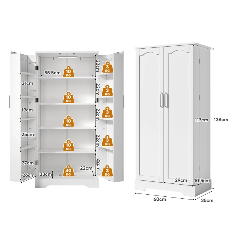 Multifunktionaler Küchenschrank mit LED-Sensorleuchte, Doppeltür mit Staufach, 60x35x128 cm, Weiß