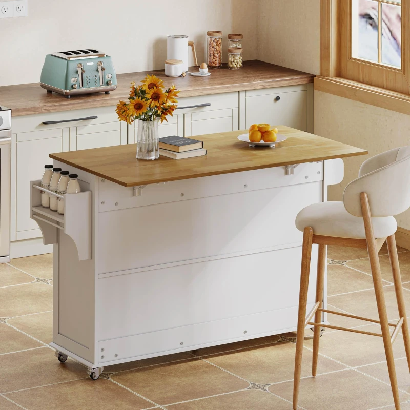 Kücheninsel mit klappbarer Arbeitsplatte, 4 Türen, 3 Schubladen, doppelseitigen Handtuchhaltern, Scheunenstil-Design, 140 x 43/70 x 90,5 cm, Weiß+Naturfarbe