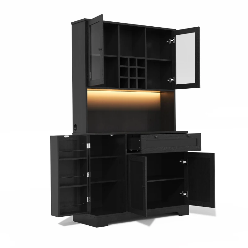 Küchen-Hochschrank mit Vitrine, fünf Türen, eine Schublade, verstellbaren Einlegeböden, 105x40x180 cm, Schwarz