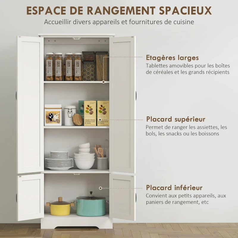 HOMCOM Buffet de cuisine armoire de cuisine contemporaine multi-rangements 2 placards 3 étagères MDF panneaux particules blanc