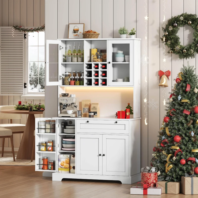 Küchen-Hochschrank mit Vitrine, fünf Türen, eine Schublade, verstellbaren Einlegeböden, 105x40x180 cm, Weiß