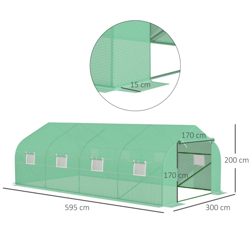 Outsunny Serra a Tunnel con 8 Finestrelle Laterali e Ingresso Avvolgibile, in PE e Acciaio, 6x3x2 m, Verde