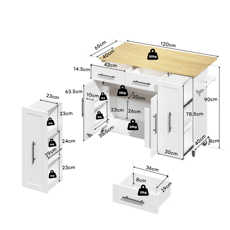 Mobile Kücheninsel mit ausklappbarer Arbeitsplatte, 3-stufigem ausziehbarem Schrank-Organizer, 120x40/65x90 cm, Weiß+Naturfarbe