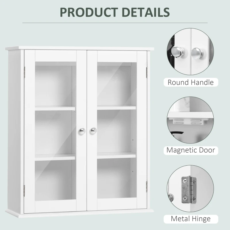 kleankin Bathroom wall cabinet, bathroom wall unit with 2 glass doors, adjustable shelf, 55x20x65cm, white