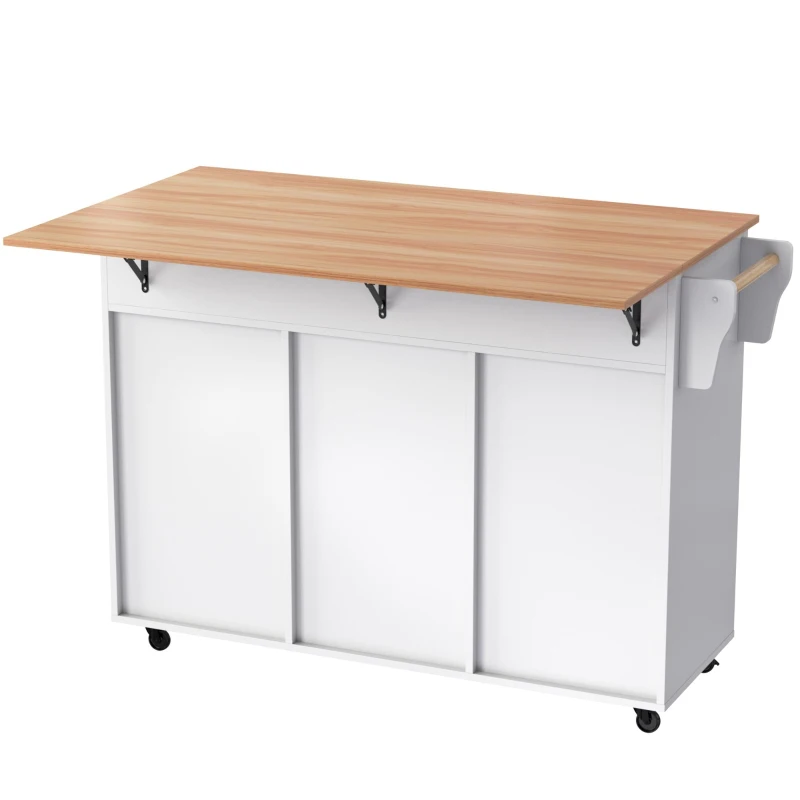 Kücheninsel auf 5 Rädern, ausklappbarer Klapptischplatte, 129x46/71x91,5 cm, Weiß+Naturfarbe