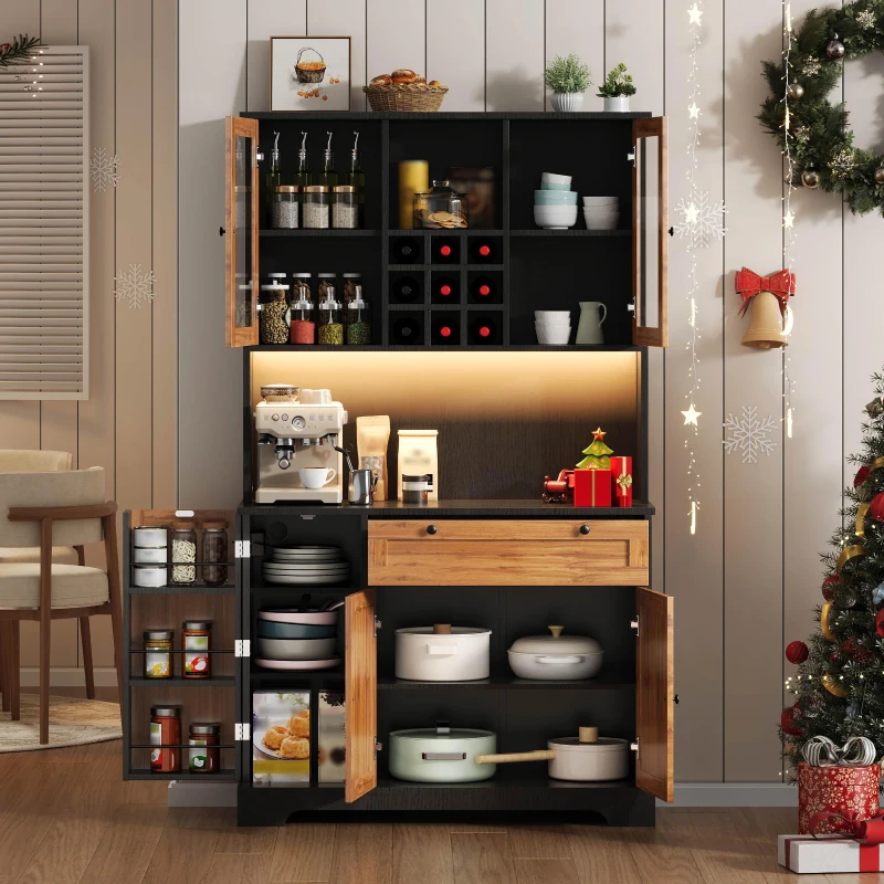 Küchen-Hochschrank mit Vitrine, fünf Türen, Schublade, verstellbare Einlegeböden, 105 x 40 x 180 cm, Naturfarbe