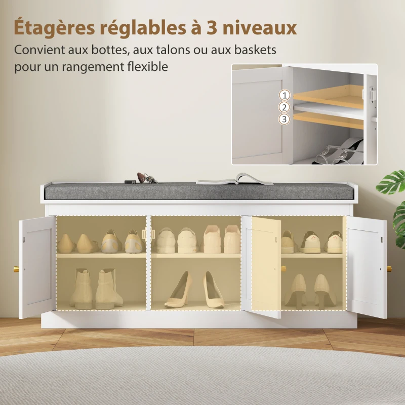 HOMCOM Banc chaussures entrée 9 paires, banc de rangement, 3 portes en rotin, coussin et étagère réglable, 105x35x47cm, blanc
