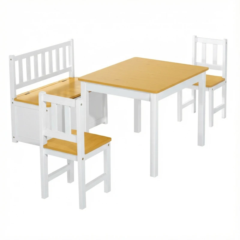 HOMCOM Mesa y Sillas Infantiles de 4 Piezas Mesa Infantil con 2 Sillas y Banco con Almacenaje Juego de Muebles para Actividades para Niños de +3 Años para Dormitorio Sala de Juegos Blanco y Natural