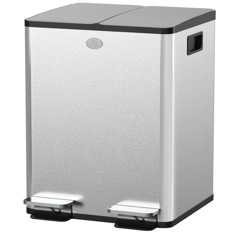 HOMCOM 2 x 20 L Doppelmülleimer, Pedalöffnung, leicht zu reinigen, Edelstahl, Kunststoff, Silber