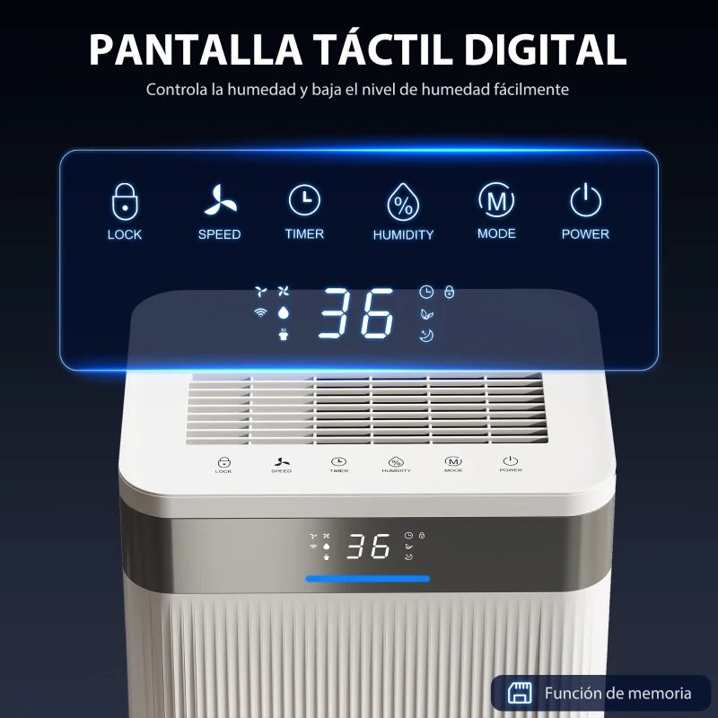 HOMCOM Deshumidificador 12L/día Silencioso con 3 Modos Pantalla LED Temporizado 24H Bloqueo Infantil y Drenaje Continuo Blanco
