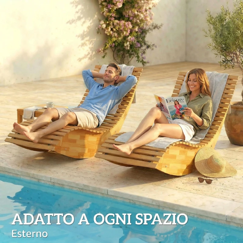Outsunny Set mit 2 Schaukelstühlen für draußen, klappbare ergonomische Liegen aus Akazienholz, natur.