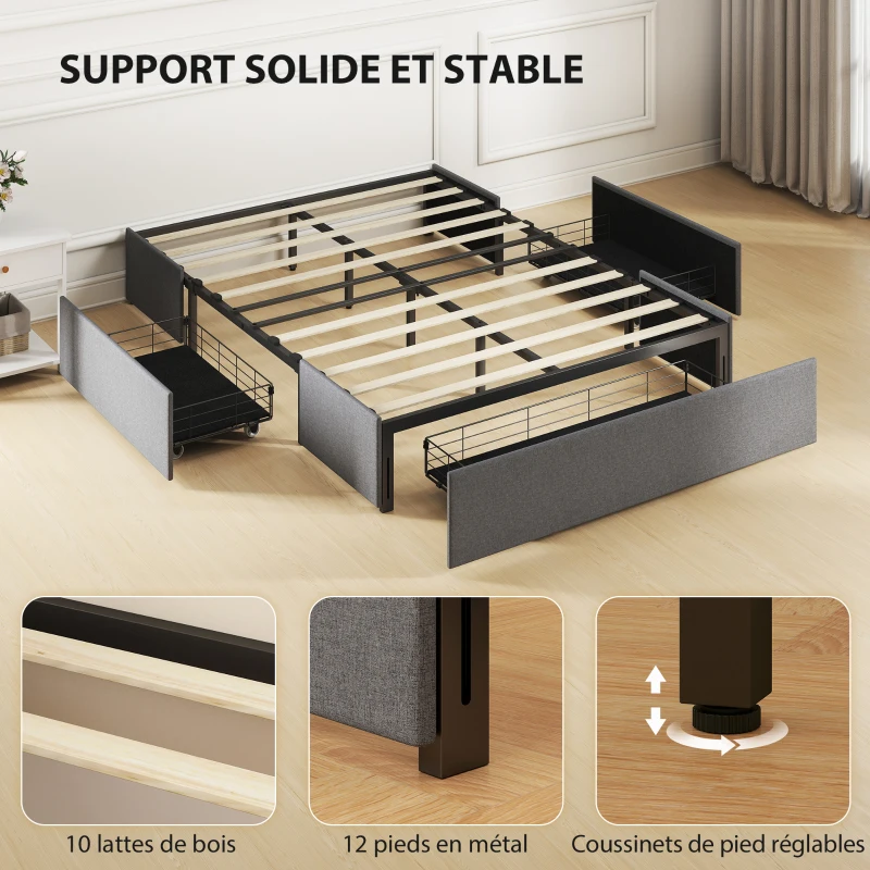 HOMCOM Lit coffre 140 x 190 cm, cadre de lit double rembourré avec 3 tiroirs, sommier à lattes en LVL, sans bruit, gris