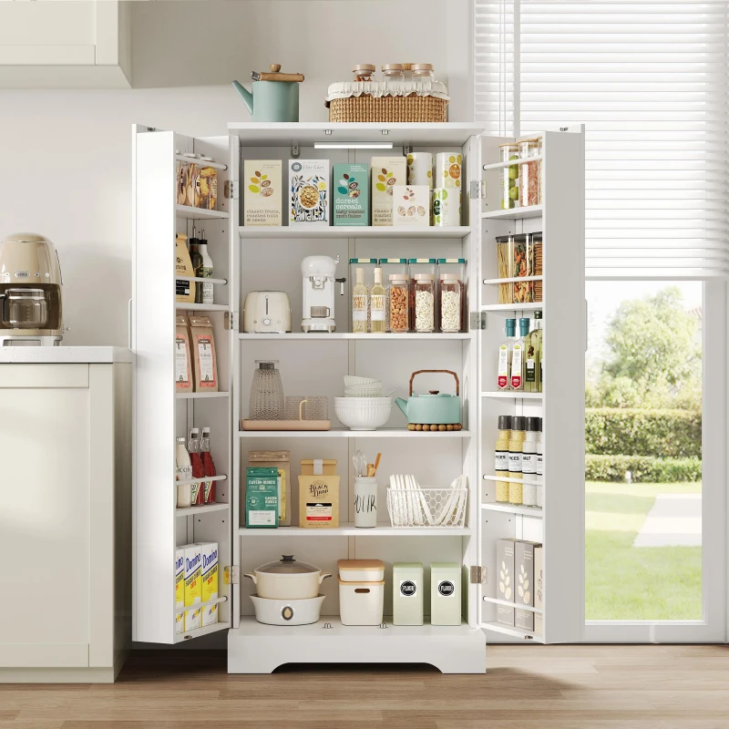 Multifunktionaler Küchenschrank mit LED-Sensorleuchte, Doppeltür mit Staufach, 60x35x128 cm, Weiß