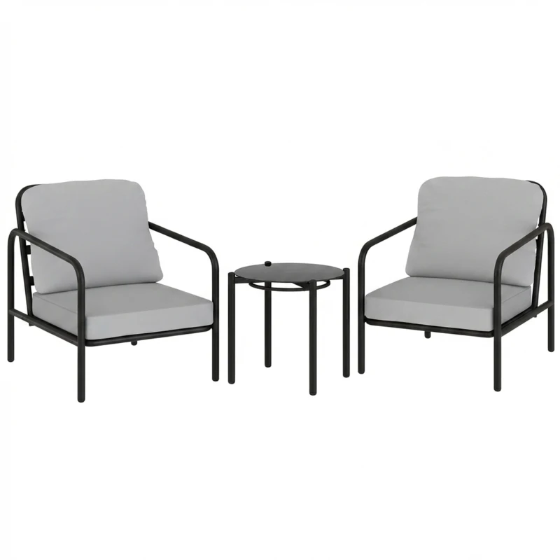 Outsunny Set bistro 3 pièces en acier avec 2 chaises à coussins épais, table basse avec plateau en verre trempé Noir