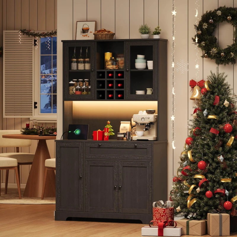 Küchen-Hochschrank mit Vitrine, fünf Türen, eine Schublade, verstellbaren Einlegeböden, 105x40x180 cm, Schwarz