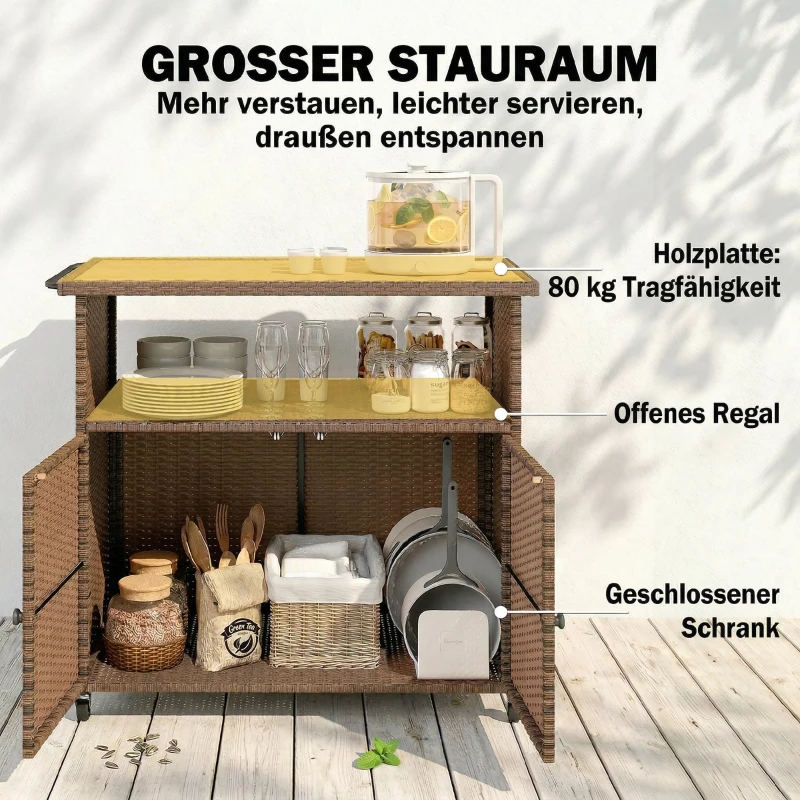 Outsunny Servierwagen Rattan Küchenwagen mit FSC Eukalyptusholz-Arbeitsplatte Ablagefach Rollen Seitengriff 95 x 54 x 84 cm