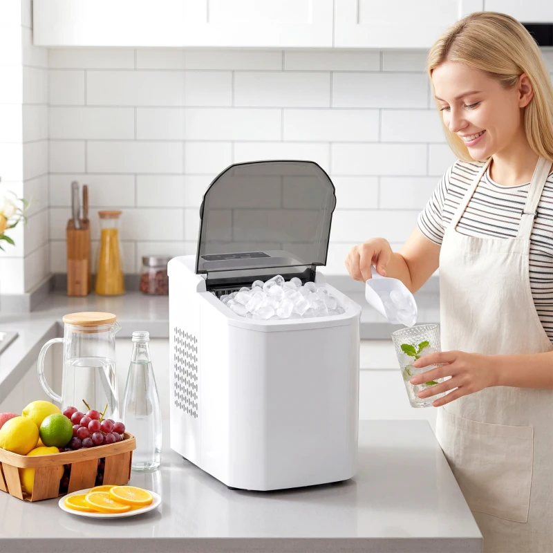 HOMCOM Máquina de Gelo Autolimpável 12 kg/24H 9 Cubos Prontos em 7 Minutos 2 Tamanhos de Gelo Depósito de 1,5L Branco