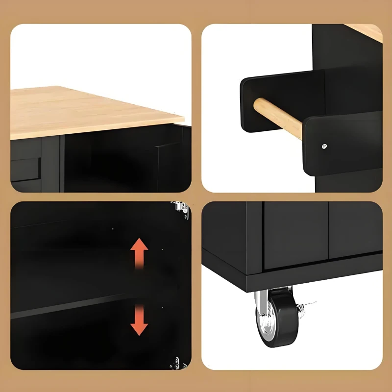 Mobiler Küchentisch mit ausklappbarer Arbeitsplatte, Schublade, Gewürzregal, Handtuchhalter, 132,5x44/70x90 cm, Schwarz+Naturfarbe