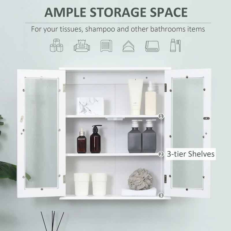 kleankin Bathroom wall cabinet, bathroom wall unit with 2 glass doors, adjustable shelf, 55x20x65cm, white