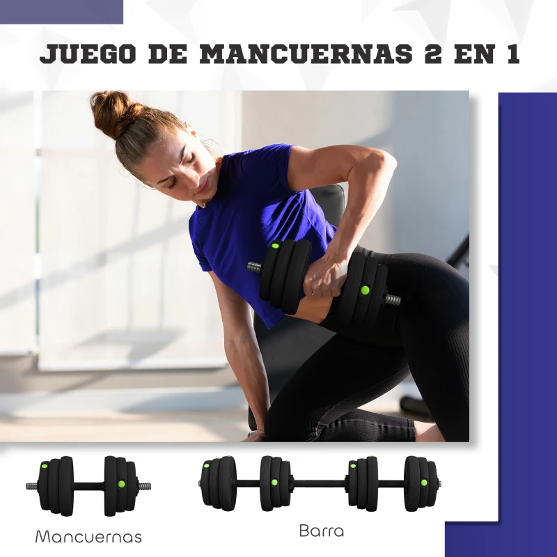SPORTNOW Juego de Mancuernas Ajustables 25 kg 2 en 1 con Barras Conexión y Mangos Antideslizantes para Gimnasio en Casa Negro