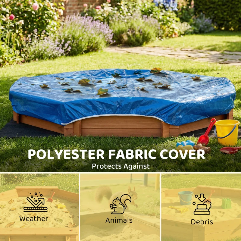 Outsunny Solid Wood Sandbox, Octagonal, 140x140x21.5cm, 4 Benches with Cover Tarp and Non-Woven Groundsheet, UV Protection, Easy to Install, Outdoor Play for Garden, Home, Beach, Orange