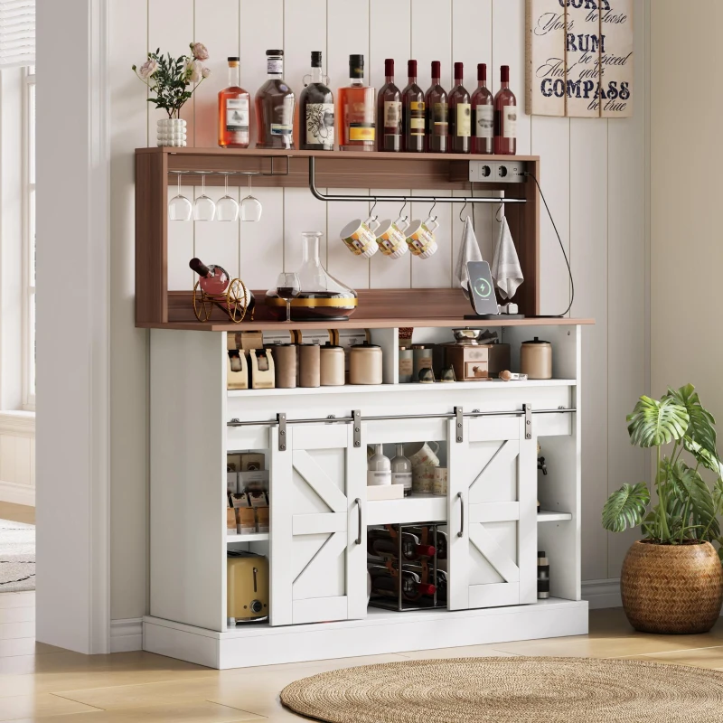 Kaffeebar-Sideboard, im Landhausstil mit Schiebetüren, Sideboard mit Stauraum, 120 x 40 x 130 cm, Weiß+Naturfarbe